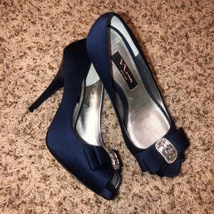 Nina midnight blue bejeweled pumps, satin